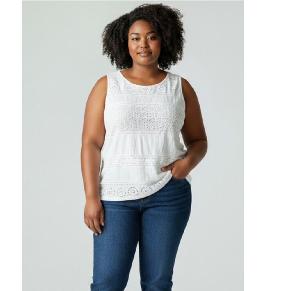 TALBOTS TOP WOMENS 2XLARGE 100% COTTON EYELET RELAXED TANK WHITE